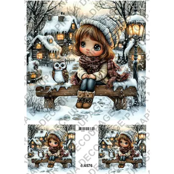 Umělecký papír Rýžový a soft papír na decoupage - Holčička se sovou - KB4576 Materiál: Soft, Rozměr: A4