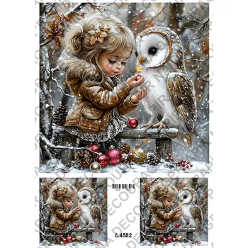Umělecký papír Rýžový a soft papír na decoupage - Holčička se sovou - KB4582 Materiál: Soft, Rozměr: A4