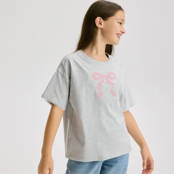 Dětská móda Reserved - Tričko s perličkami - světle šedá - 498FT-09M - 498FT-09M-U12