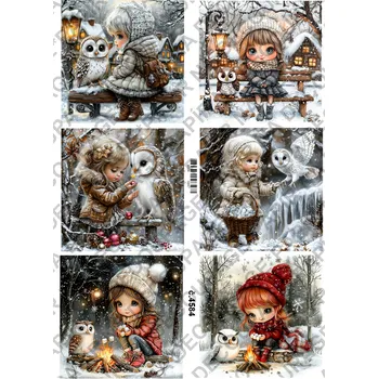 Umělecký papír Rýžový a soft papír na decoupage - Holčička se sovou - KB4584 Materiál: Soft, Rozměr: A4