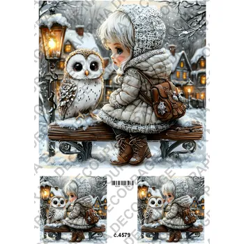 Umělecký papír Rýžový a soft papír na decoupage - Holčička se sovou - KB4579 Materiál: Soft, Rozměr: A4