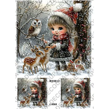 Umělecký papír Rýžový a soft papír na decoupage - Holčička se sovou - KB4568 Materiál: Soft, Rozměr: A4