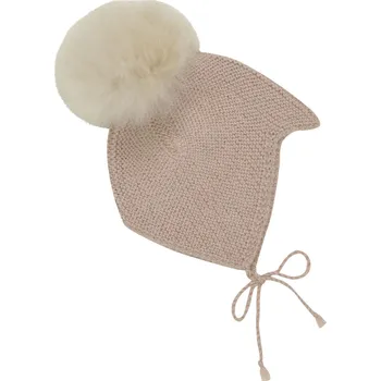 Kojenecká čepice HUTTELiHUT - Kojenecká čepička na zavazování s bambulí z alpačí srsti - Růžová VARIANTY: 50/56