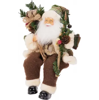 Vánoční dekorace Sedící Santa s pytlem dárků a holí 30 cm
