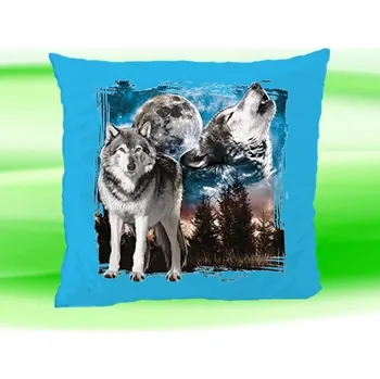 Dekorativní polštářek Polštář s vlkem vlci směčka tyrkysový (polštářek s vlky vlk vlci vlčata 35x35 cm)
