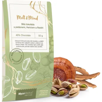Cukrovinka MycoMedica Bílá čokoláda s pistáciemi, Hericiem a Reishi 50g