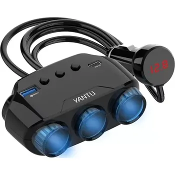 Elektrická zásuvka CL rozbočovač zásuvek do zapalovače LM21 - 3 zásuvky + 1x USB A 1x USB C, 122W, černá