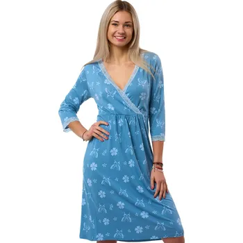 Dámská noční košile Modrá košilka s motýlky a květinami s modrou krajkou - jemná 1D1766 modrá l