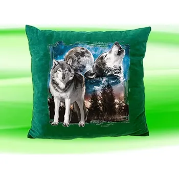 Dekorativní polštářek Polštář s vlkem vlci směčka lahvově zelený (polštářek s vlky vlk vlci vlčata 35x35 cm)