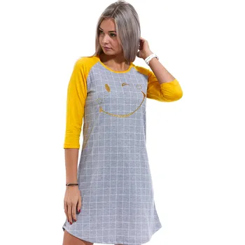 Dámská noční košile Žluto šedá kostkovaná noční košilka pro ženy se smajlíkem 1C3175 šedá m