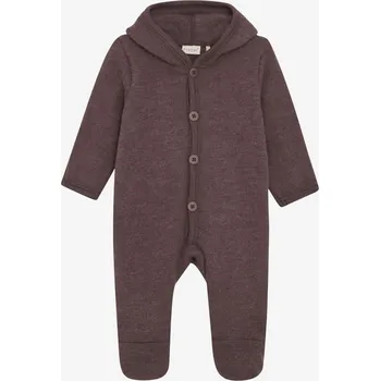 Kojenecký overall Merino overal celotělový s kapucí s oušky na knoflíky Melange Fixoni - Burgundy Huckleberry Melange Velikost: 56