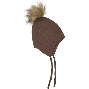 Kojenecká čepice Minymo - Čepice na zavazování s odjímatelnou bambulí - Cocoa Brown Velikost: 68/74