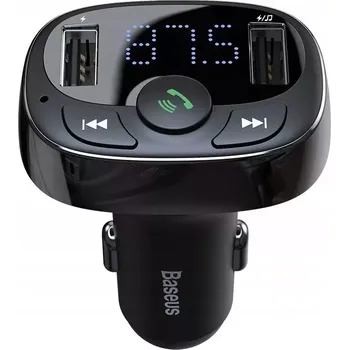 Příslušenství pro autorádio Baseus T-Type Transmiter FM Bluetooth - autonabíječka MP3 2xUSB TF microSD 3.4A černá CCTM-01