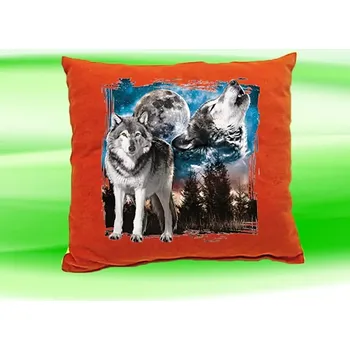 Dekorativní polštářek Polštář s vlkem vlci směčka cihlový (polštářek s vlky vlk vlci vlčata 35x35 cm)