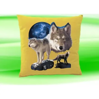 Dekorativní polštářek Polštářek s vlky na skále béžový (Polštář s vlkem 35x35 cm)