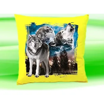 Dekorativní polštářek Polštář s vlkem vlci směčka žlutý (polštářek s vlky vlk vlci vlčata 35x35 cm)