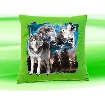 Dekorativní polštářek Polštář s vlkem vlci směčka zelený (polštářek s vlky vlk vlci vlčata 35x35 cm)