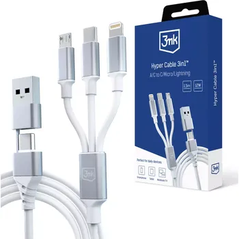 Datový kabel 3MK Hyper kabel 3v1 USB-A / USB-C na MicroUSB / USB-C / Lightning 1,5 m bílý