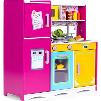Dětská kuchyňka ecotoys Velká dřevěná kuchyňka pro děti s otevírací lednicí, troubou a mikrovlnnou troubou ECOTOYS