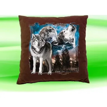 Dekorativní polštářek Polštář s vlkem vlci směčka čokoládový (polštářek s vlky vlk vlci vlčata 35x35 cm)
