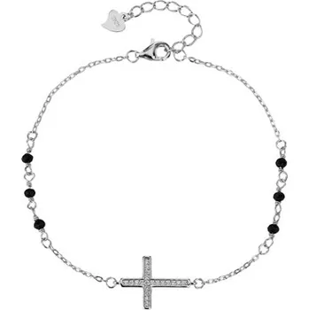 Náramek Dámský stříbrný náramek s křížkem a černými korálky STNA0903F