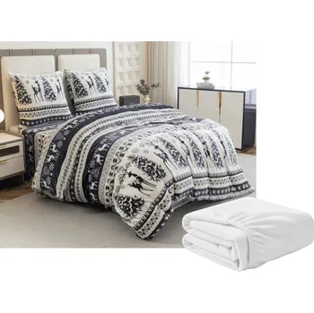 Povlečení Sada mikroplyšového povlečení WINTER DEER šedé + prostěradlo mikroplyš SOFT 180x200 cm bílé, dvoulůžko