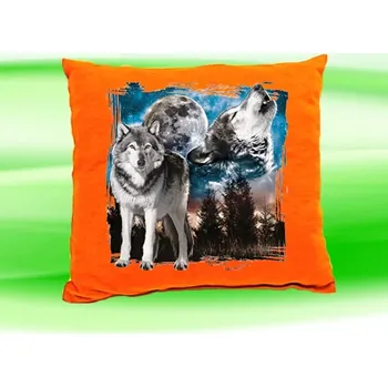 Dekorativní polštářek Polštář s vlkem vlci směčka oranžový (polštářek s vlky vlk vlci vlčata 35x35 cm)