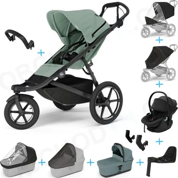 Kočárek Set 10v1 Thule Urban Glide 3 Mist green s magnetickou sponou + madlo + korbička Mid blue + pláštěnky a moskytiéry Thule + Autosedačka Thule Maple Black s ISOFIX základnou Thule Alfi a adaptéry