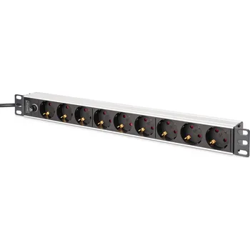 Počítač PDU Rack napájecí lišta 19" s pojistkou proti přetížení, 9 zásuvek Schuko CEE 7/3 (45°), 2m kabel, konektor IEC C14, 10A, hliník