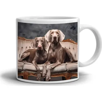 Bílý keramický hrnek 330ml s obrázkem - dvojice výmarských ohařů