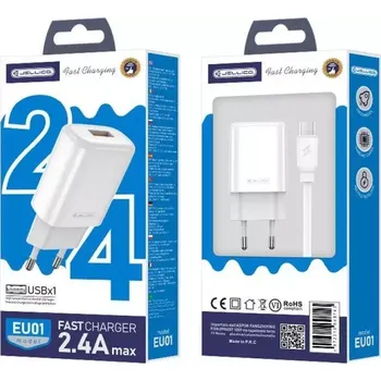 Jellico síťová nabíječka EU01 2.4A USB + Micro USB kabel bílý