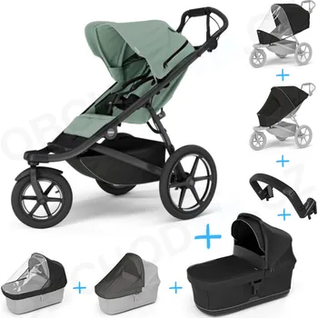 Kočárek Set 7v1 Thule Urban Glide 3 Mist green s magnetickou sponou + pláštěnka + ochranná síť + madlo + korbička Black + pláštěnka + ochranná síť na korbičku