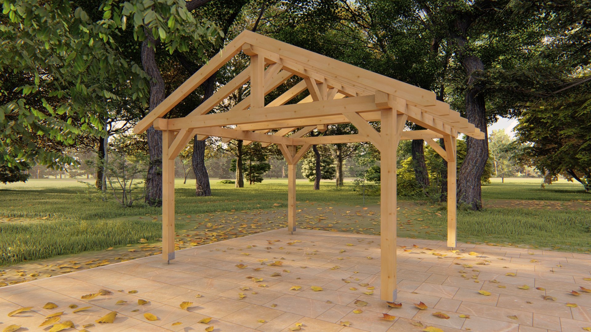 Pergola 5 se sedlovou střechou 4,4x5m - dřevěný materiál a CNC opracování