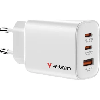 Elektrická zásuvka Verbatim GaN cestovní adaptér Essentials 65W, 2×USB-C PD, 1×USB-A QC, EU konektor, bílá