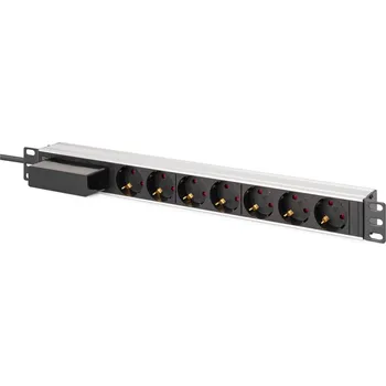 Prodlužovací kabel PDU Rack napájecí lišta 19" s jističem typu C 16A, 7 zásuvek Schuko CEE 7/3 (45°), kabel 1,8m, zástrčka Unischuko CEE 7/7, 16A, hliník