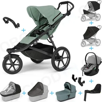 Kočárek Set 10v1 Thule Urban Glide 3 Mist green s magnetickou sponou + madlo + korbička Mid blue + pláštěnky a moskytiéry Thule + Autosedačka Thule Maple Light Gray s ISOFIX základnou Thule Alfi a adaptéry