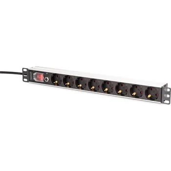 Prodlužovací kabel PDU Rack napájecí lišta 19" s ochranou proti přetížení, 8 zásuvek Schuko CEE 7/3 (45°), 2m kabel, zástrčka Unischuko CEE 7/7, 16A, hliník