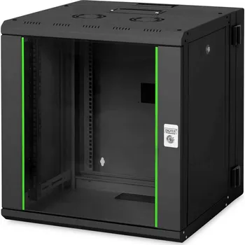 Rozvaděč Unique 19" 12U rack 600x600 nástěnná síťová skříň, skleněné dveře, černá, rozdělená, smontovaná, 100 kg