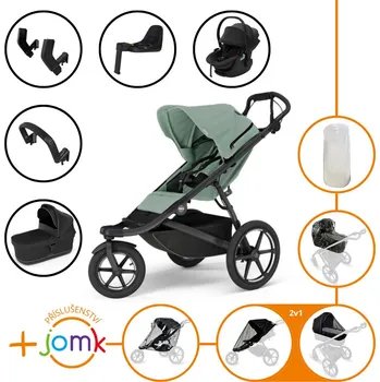 Kočárek Set 11v1 Thule Urban Glide 3 Mist Green s magnetickou sponou + madlo + korbička Black + příslušenství JOMK + autosedačka Thule Maple Black s ISOFIX základnou Thule Alfi a adaptéry