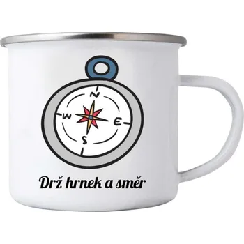 Bílý plechový hrnek 380ml s obrázkem - drž hrnek a směr