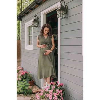 Těhotenské šaty Mušelínové šaty Anna khaki pro těhotné a kojící ženy