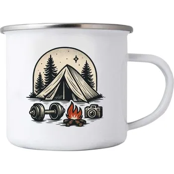 Bílý plechový hrnek 380ml s obrázkem - stanování a zájmy