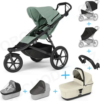 Kočárek Set 7v1 Thule Urban Glide 3 Mist green s magnetickou sponou + pláštěnka + ochranná síť + madlo + korbička Soft beige + pláštěnka + ochranná síť na korbičku