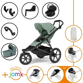 Kočárek Set 11v1 Thule Urban Glide 3 Mist Green s magnetickou sponou + madlo + korbička Mid blue + příslušenství JOMK + autosedačka Thule Maple Black s ISOFIX základnou Thule Alfi a adaptéry