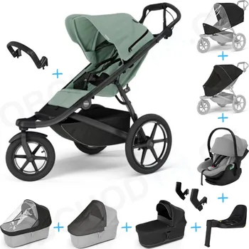 Kočárek Set 10v1 Thule Urban Glide 3 Mist green s magnetickou sponou + madlo + korbička Black + pláštěnky a moskytiéry Thule + Autosedačka Thule Maple Light Gray s ISOFIX základnou Thule Alfi a adaptéry