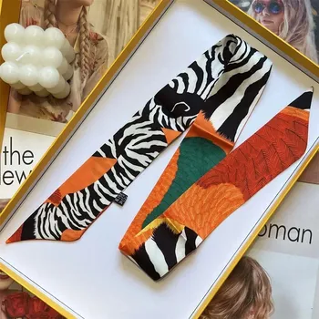 Šátek Hedvábný malý dámský šátek na krk 5x90 cm | dámský doplněk - S967 Oranžová