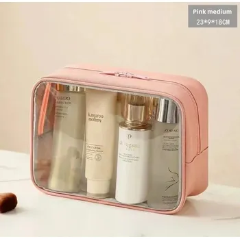 Kosmetická taška Průhledná cestovní kosmetická taška velká | toaletní organizér - [Průhledný čtverec] růžový střední