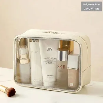 Kosmetická taška Průhledná cestovní kosmetická taška velká | toaletní organizér - [Průhledný čtverec] béžová střední