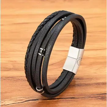 Náramek B-TOP Vícevrstvý pánský kožený náramek s nerezovými korálky – černý nebo tmavě modrý Druh barvy: Černá