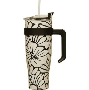 Termohrnek CMP KA0588 Termohrnek s uchem a brčkem 1,2 l, béžový s květinovým vzorem